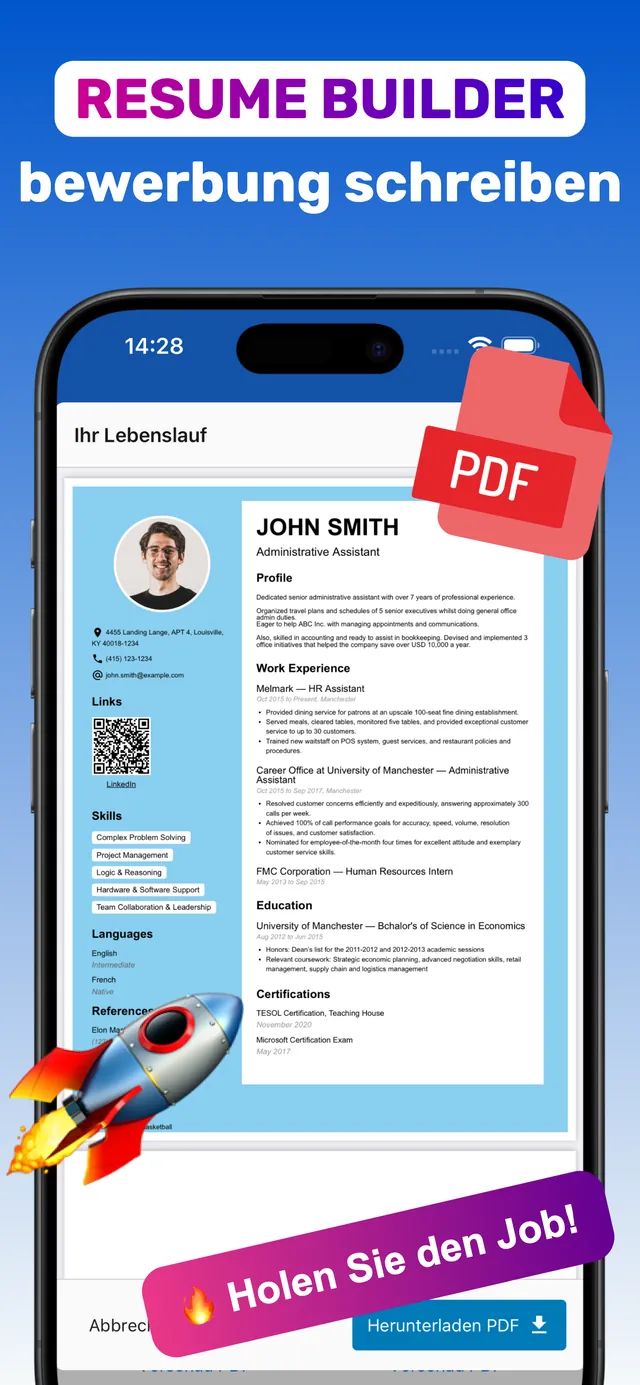 Fertiger Lebenslauf mit Bewerbungsfoto, Berufserfahrung, Fertigkeiten und QR-Code, erstellt mit der App CV Builder