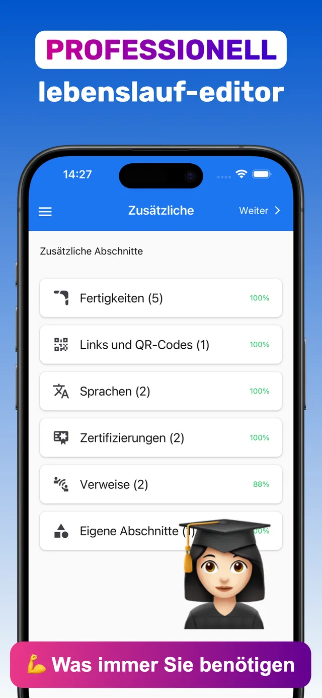 Zusätzliche Lebenslauf-Abschnitte: Fertigkeiten, Links und QR-Codes, Sprachen, Zertifizierungen, Verweise, eigene Abschnitte