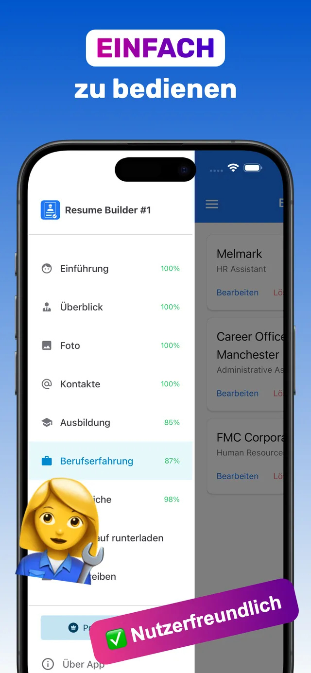 Einfacher Lebenslauf-Editor mit Einführung, Überblick, Foto, Kontakte, Ausbildung und Berufserfahrung in Prozent