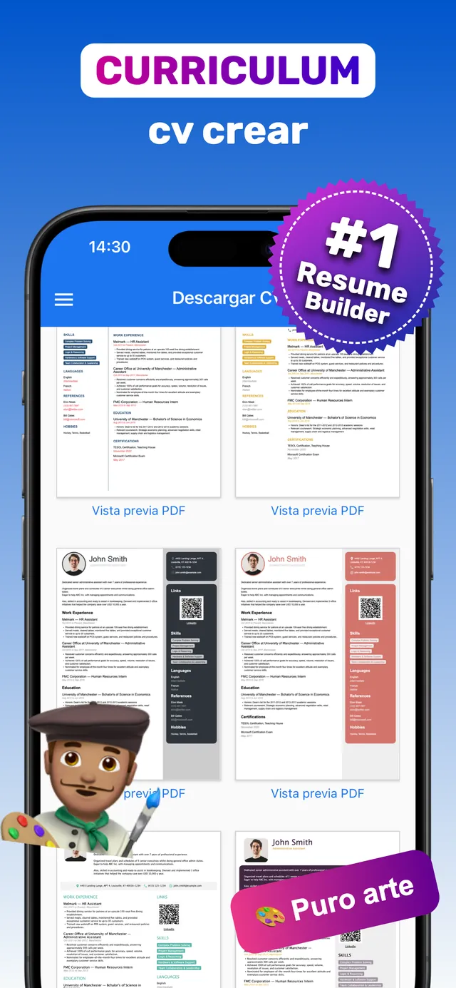 App para hacer currículum en iPhone: galería de más de 100 plantillas de CV con botones Vista previa PDF