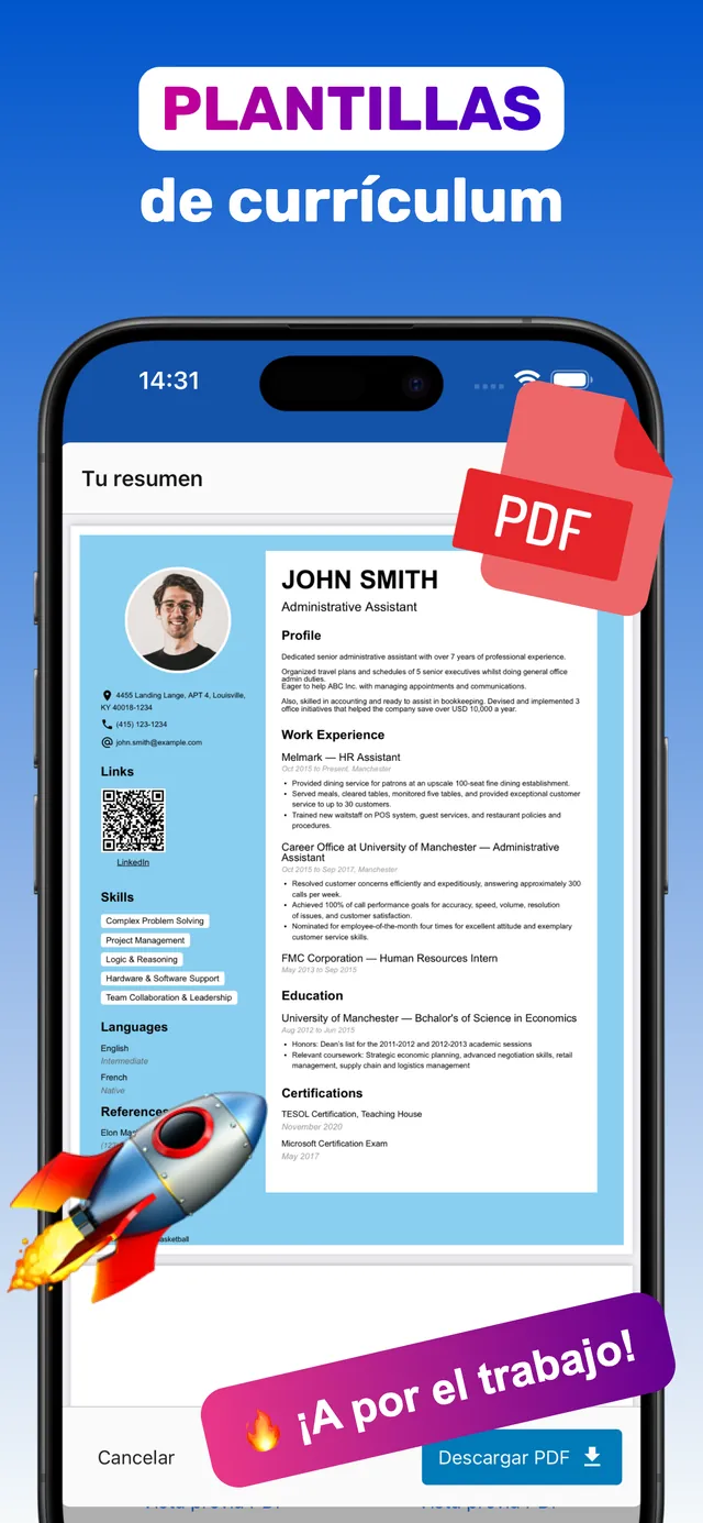 Currículum terminado con foto, experiencia laboral, habilidades y código QR creado con la app CV Builder