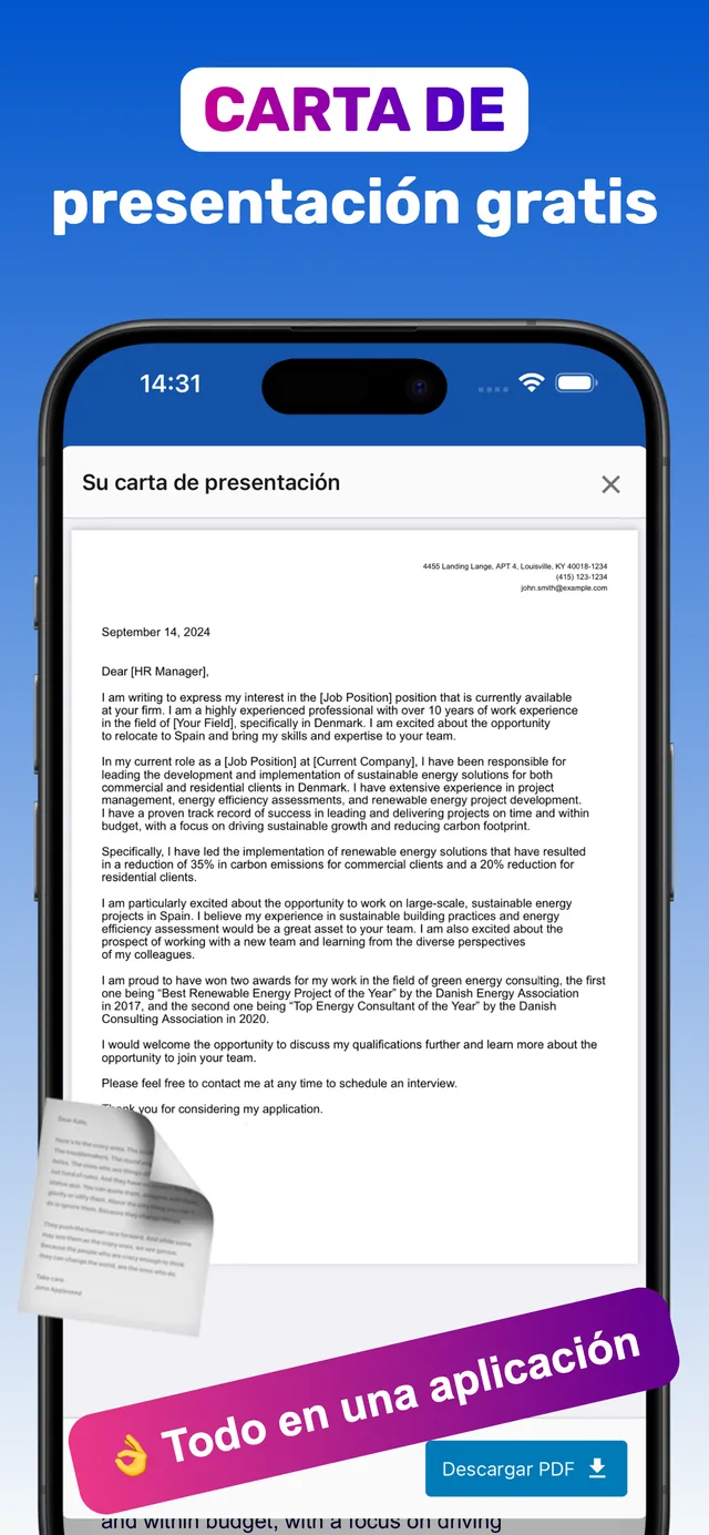 Creador de carta de presentación en la app CV Builder con botón Descargar PDF en iPhone