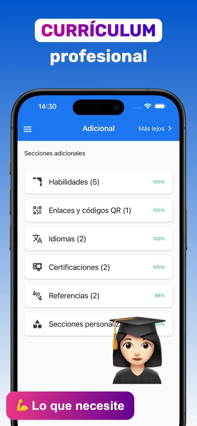 Secciones adicionales del currículum: habilidades, enlaces y códigos QR, idiomas, certificaciones, referencias y secciones personalizadas