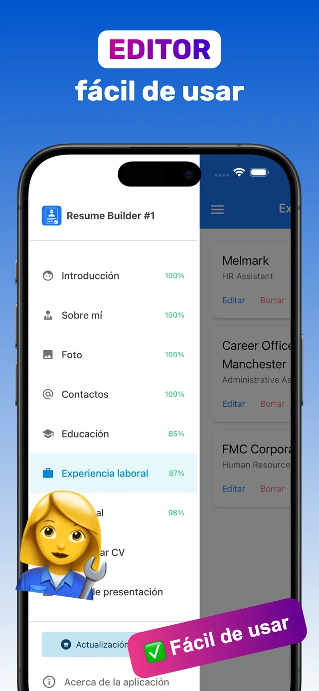 Editor de currículum fácil de usar con introducción, sobre mí, foto, contactos, educación y experiencia laboral