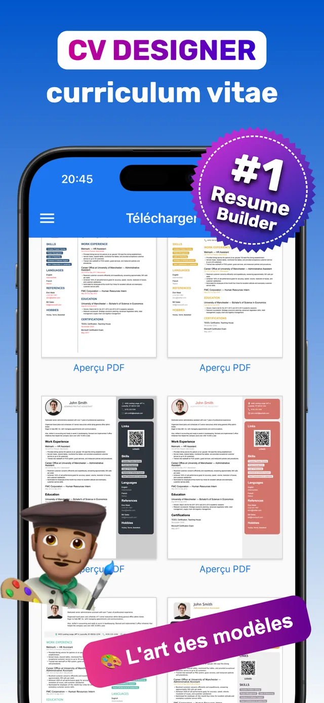Application pour faire un CV sur iPhone : galerie de plus de 100 modèles de CV avec boutons Aperçu PDF