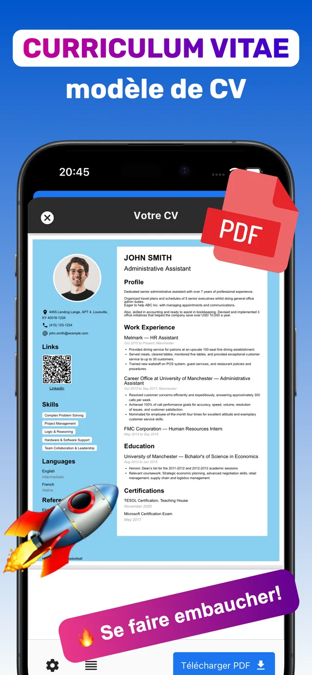 CV terminé avec photo, expérience, compétences et code QR créé avec l’application CV Builder