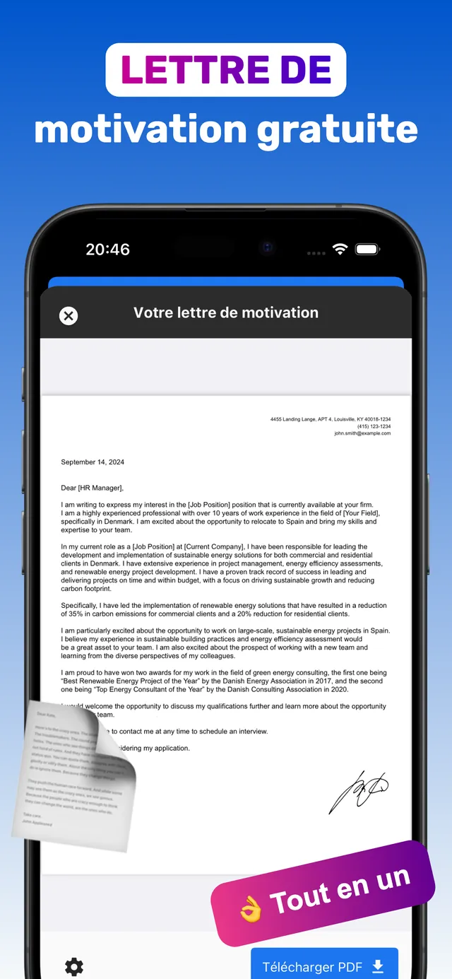 Créateur de lettre de motivation dans l’application CV Builder avec bouton Télécharger PDF sur iPhone