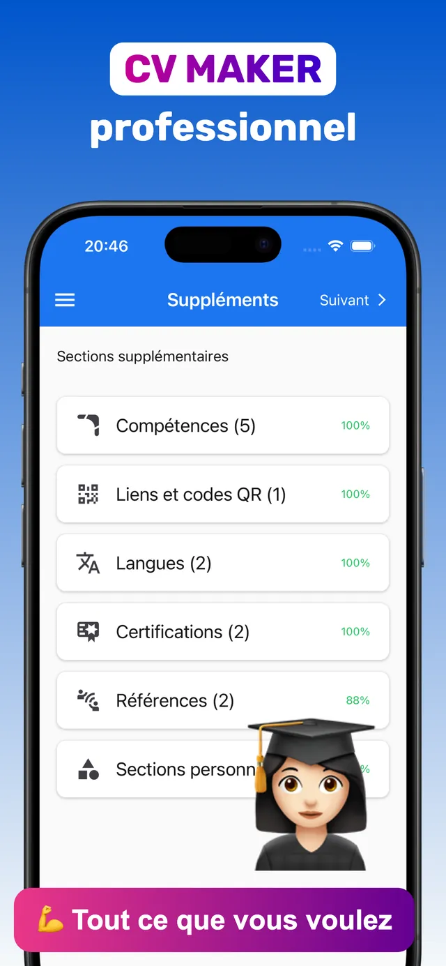 Rubriques supplémentaires du CV : compétences, liens et codes QR, langues, certifications, références, sections personnalisées