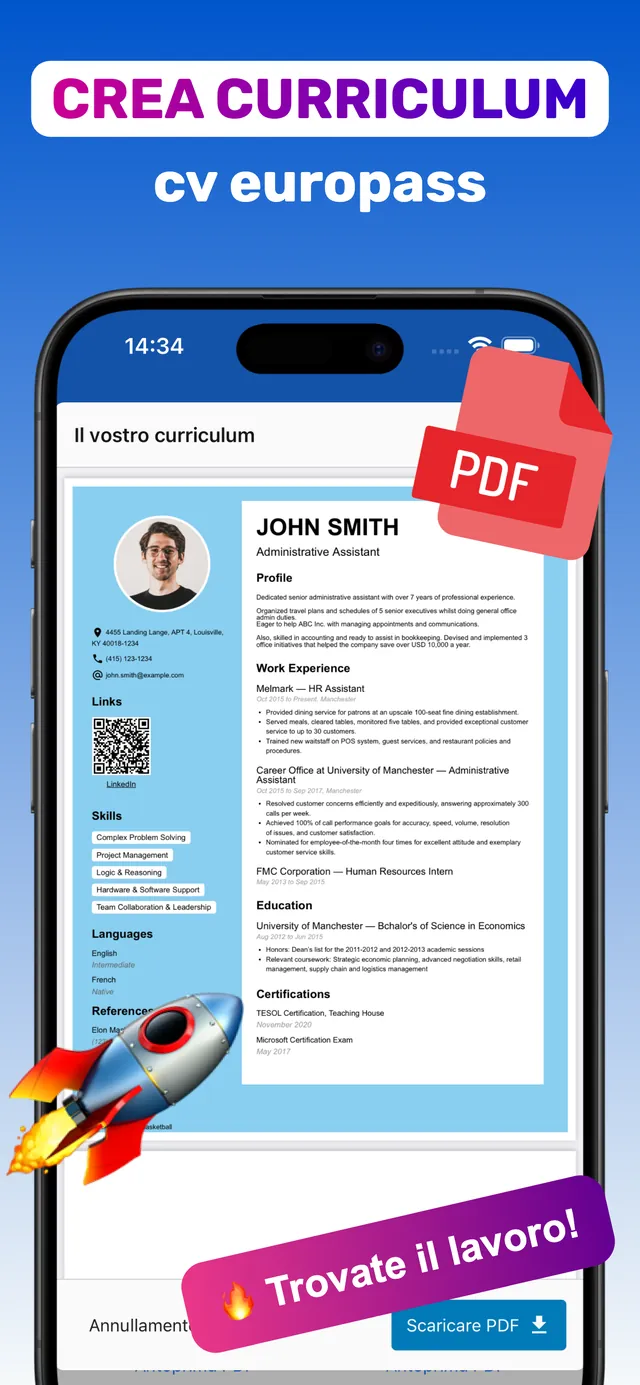Curriculum vitae completo con foto, esperienza di lavoro, competenze e codice QR creato con l’app CV Builder