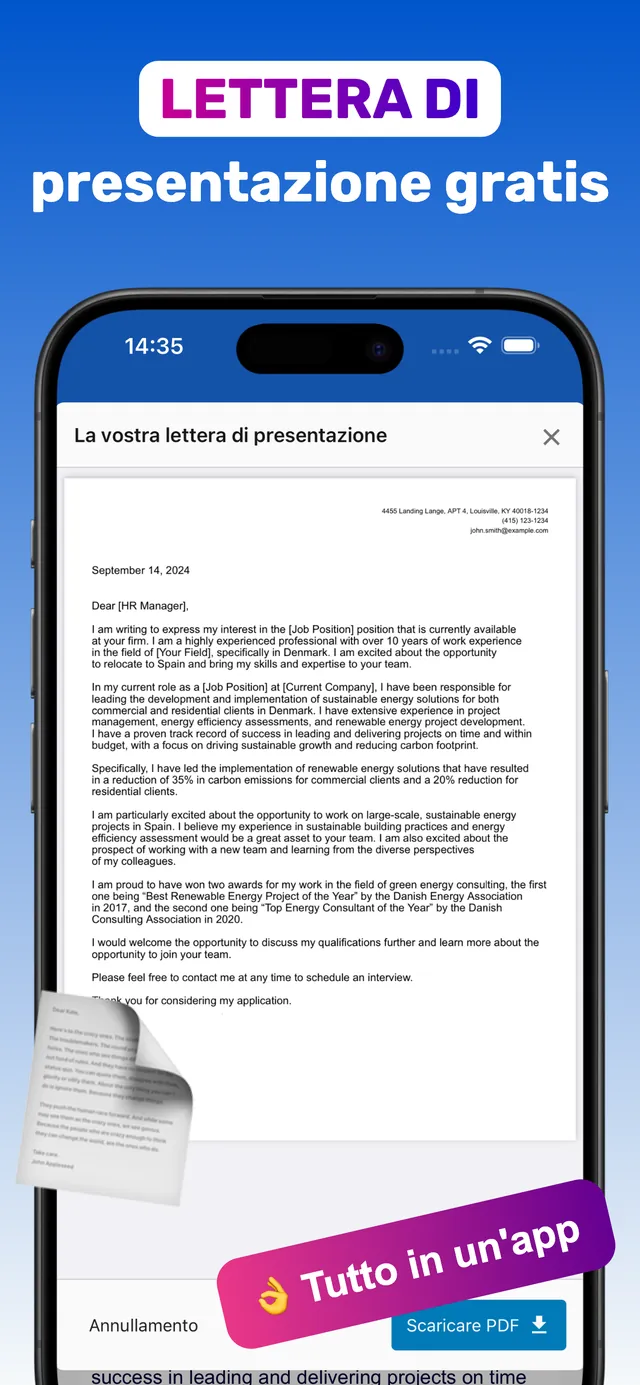 Editor della lettera di presentazione nell’app CV Builder con pulsante Scaricare PDF su iPhone