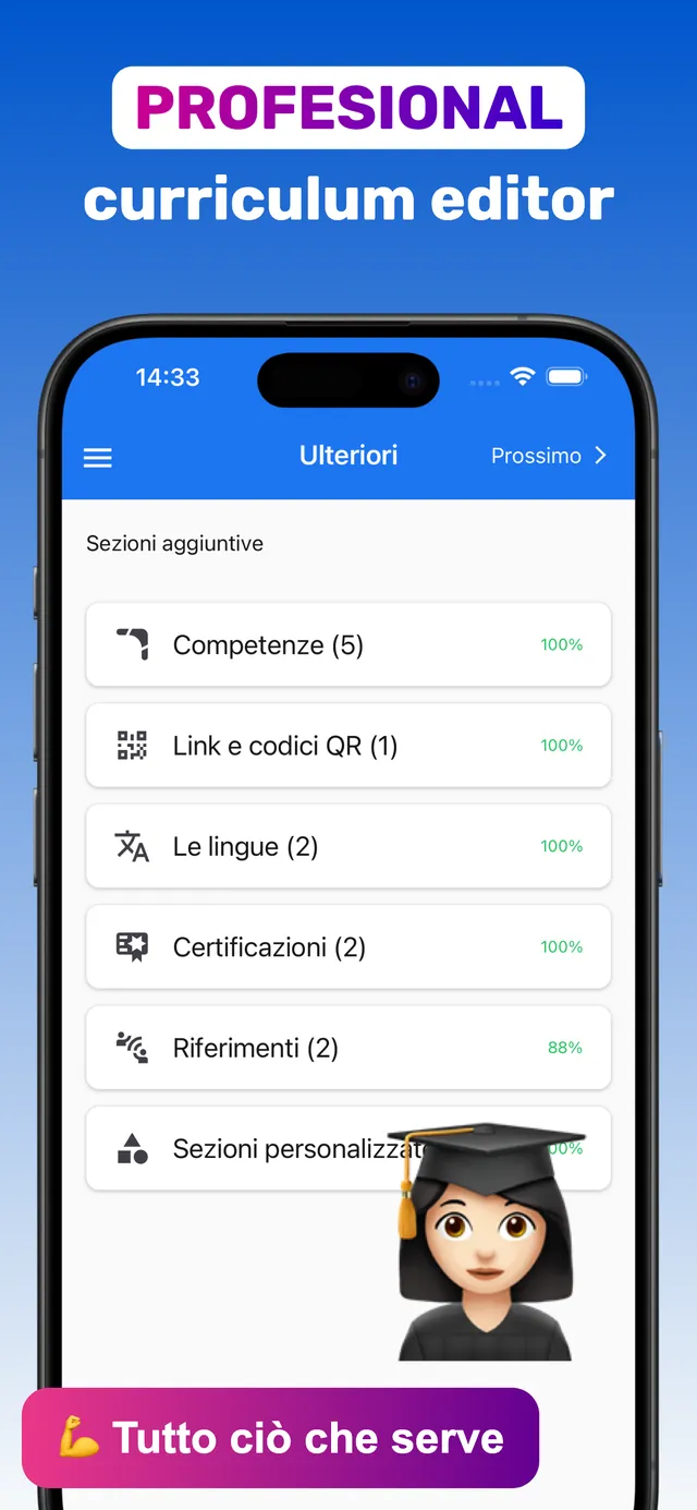Sezioni aggiuntive del curriculum: competenze, link e codici QR, lingue, certificazioni, riferimenti e sezioni personalizzate