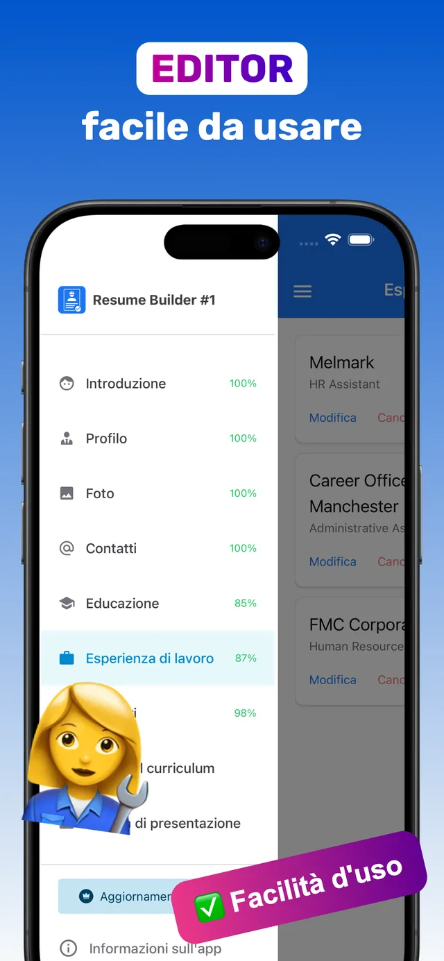 Editor del curriculum facile da usare con introduzione, profilo, foto, contatti, educazione ed esperienza di lavoro
