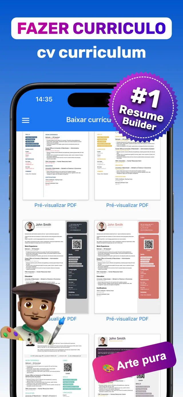 Aplicação para fazer currículo no iPhone: galeria com mais de 100 modelos de CV e botões Pré-visualizar PDF