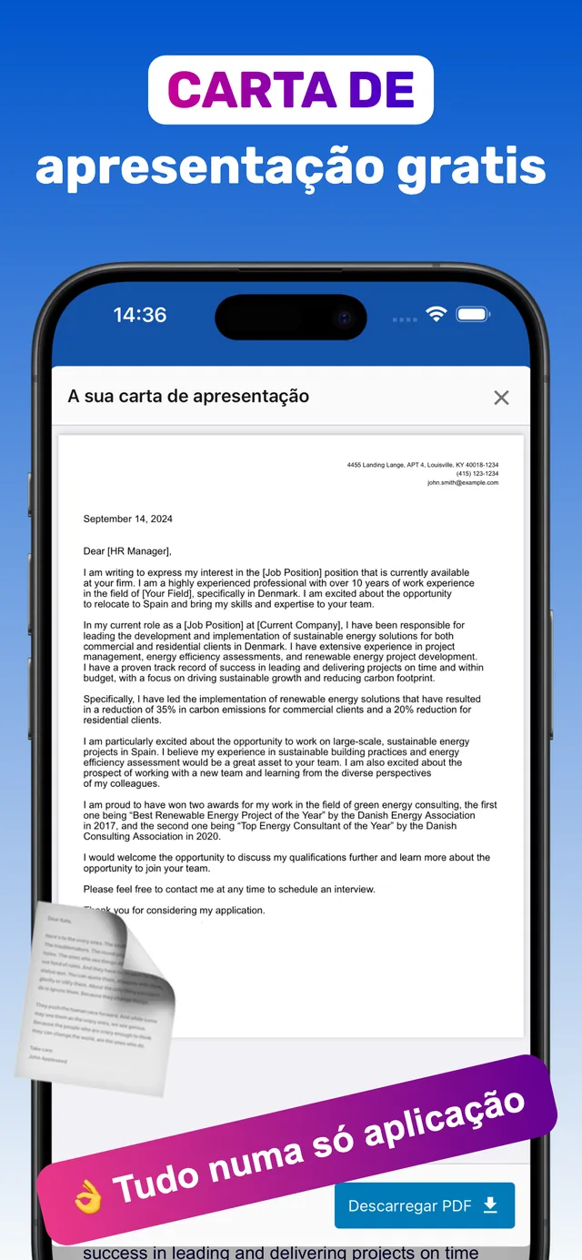 Editor de carta de apresentação na aplicação CV Builder com botão Descarregar PDF no iPhone