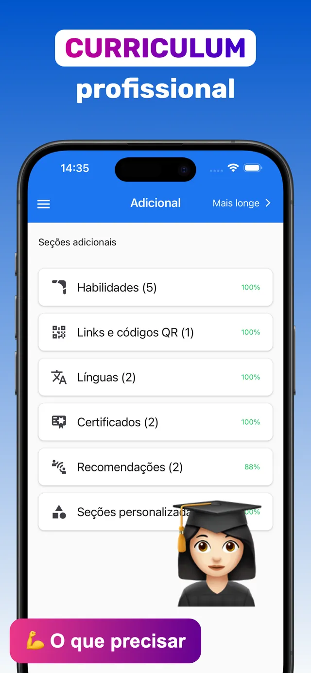 Secções adicionais do currículo: habilidades, links e códigos QR, línguas, certificados, recomendações e secções personalizadas