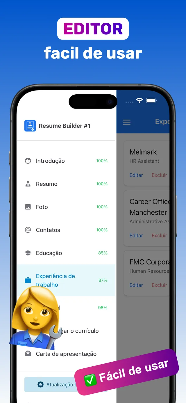 Editor de currículo fácil de usar com introdução, resumo, foto, contactos, educação e experiência de trabalho