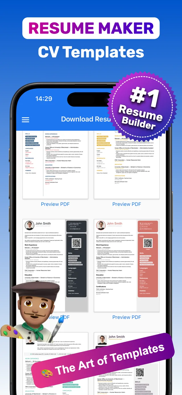 CV Builder resume maker app showing a gallery of professional CV templates with Preview PDF buttons on iPhone