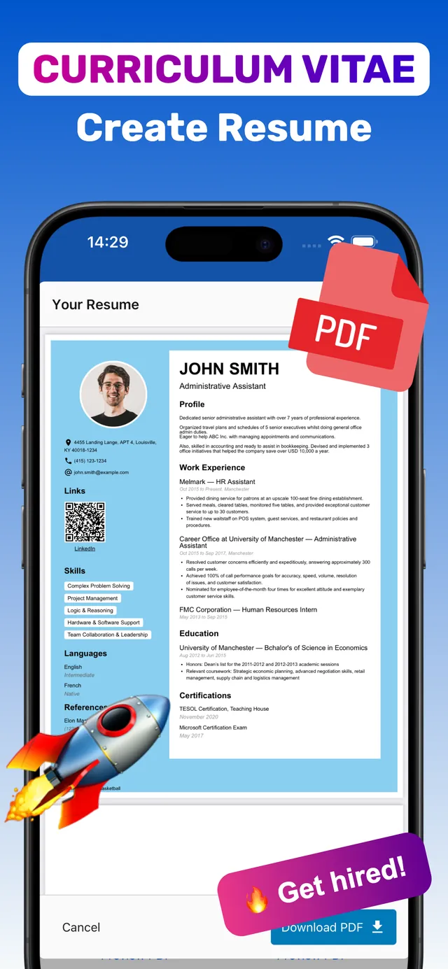 Finished curriculum vitae with photo, work experience, skills and LinkedIn QR code created in the CV Builder app