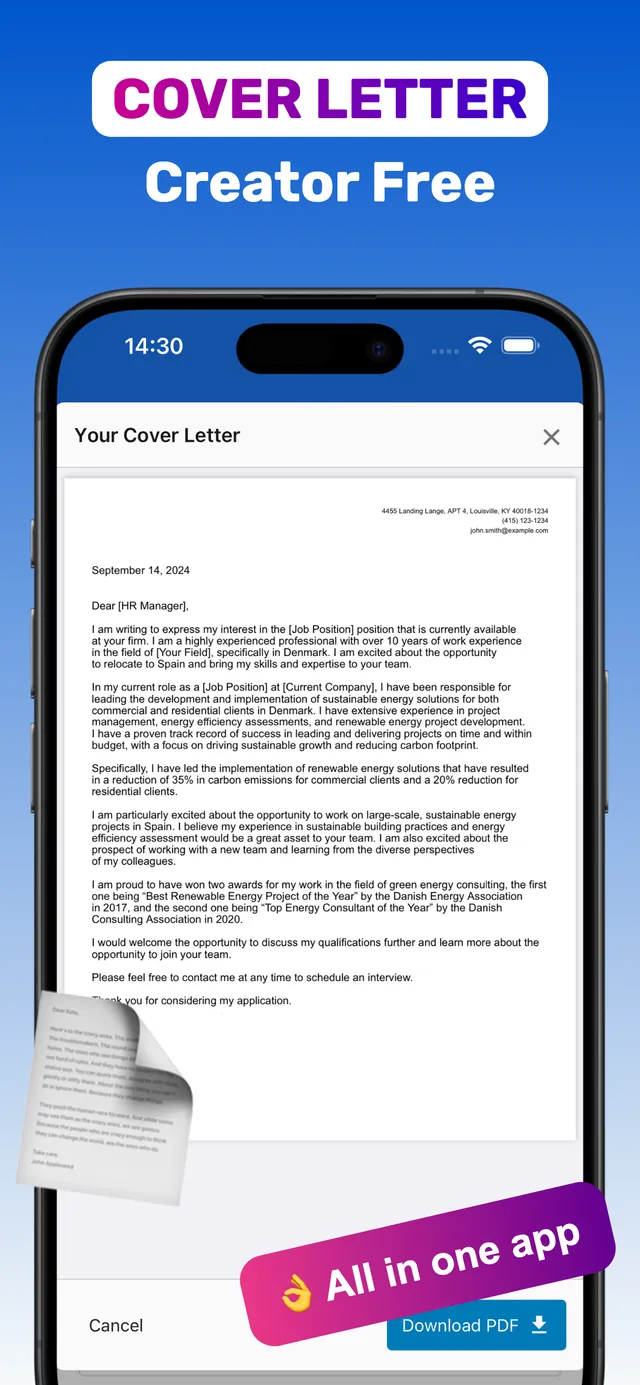 Cover letter creator in the CV Builder app with Download PDF button on iPhone