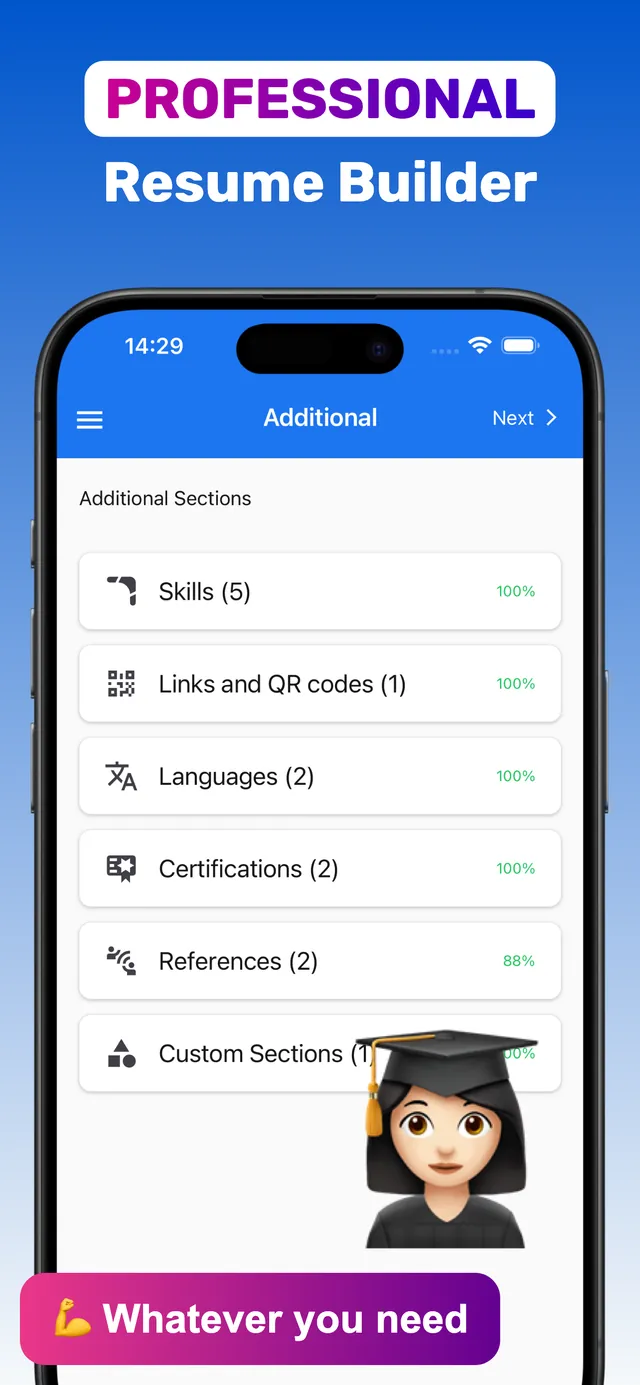 Professional resume builder additional sections: skills, links and QR codes, languages, certifications, references, custom sections