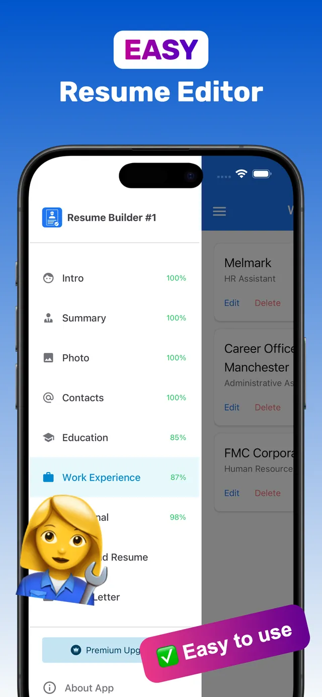 Easy resume editor menu with intro, summary, photo, contacts, education and work experience completion percentages